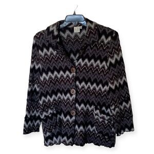 Focus Wool Blend Button Front Chevron Cardigan Sweater with Collar - Size Large